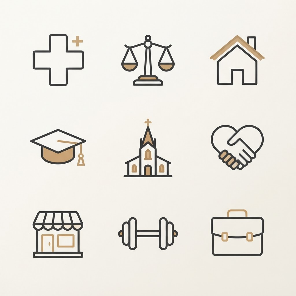 A grid of icons representing many different industries and business types